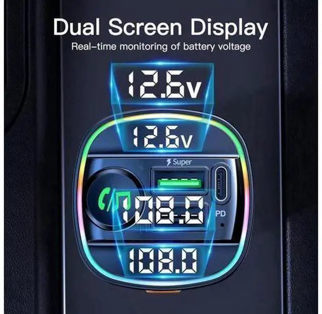 Alt view image 2 of 7 - Bluetooth 5.3 Car Adapter, Wireless Bluetooth FM Transmitter for Car, PD 20W & QC3.0 USB C Car Fast Charger Port, Radio Transmitter Bluetooth for Car, Hands Free Calling, 7 Colors Led Backlit Light