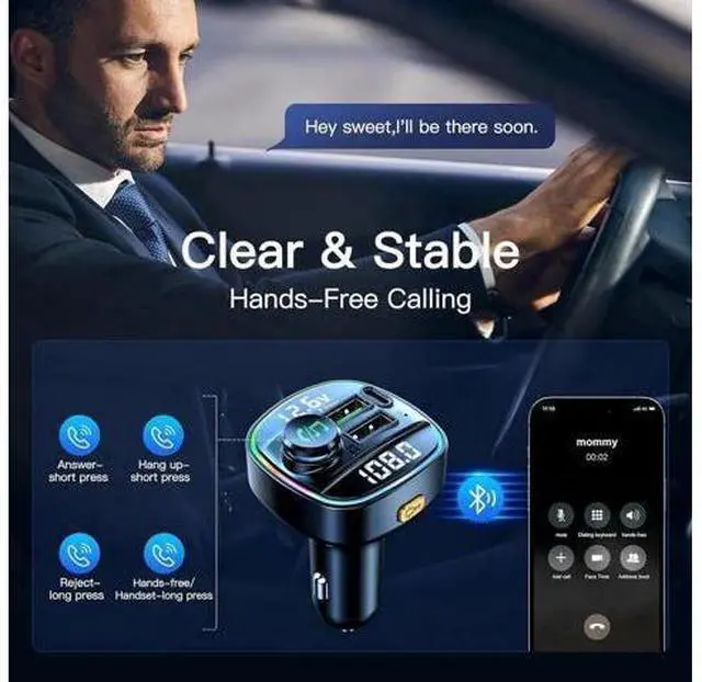 Alt view image 3 of 7 - Bluetooth 5.3 Car Adapter, Wireless Bluetooth FM Transmitter for Car, PD 20W & QC3.0 USB C Car Fast Charger Port, Radio Transmitter Bluetooth for Car, Hands Free Calling, 7 Colors Led Backlit Light