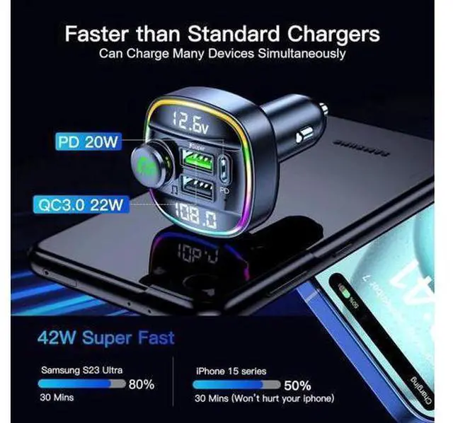 Alt view image 6 of 7 - Bluetooth 5.3 Car Adapter, Wireless Bluetooth FM Transmitter for Car, PD 20W & QC3.0 USB C Car Fast Charger Port, Radio Transmitter Bluetooth for Car, Hands Free Calling, 7 Colors Led Backlit Light