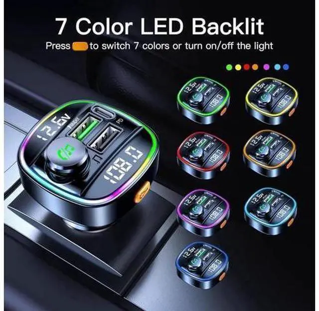 Alt view image 5 of 7 - Bluetooth 5.3 Car Adapter, Wireless Bluetooth FM Transmitter for Car, PD 20W & QC3.0 USB C Car Fast Charger Port, Radio Transmitter Bluetooth for Car, Hands Free Calling, 7 Colors Led Backlit Light