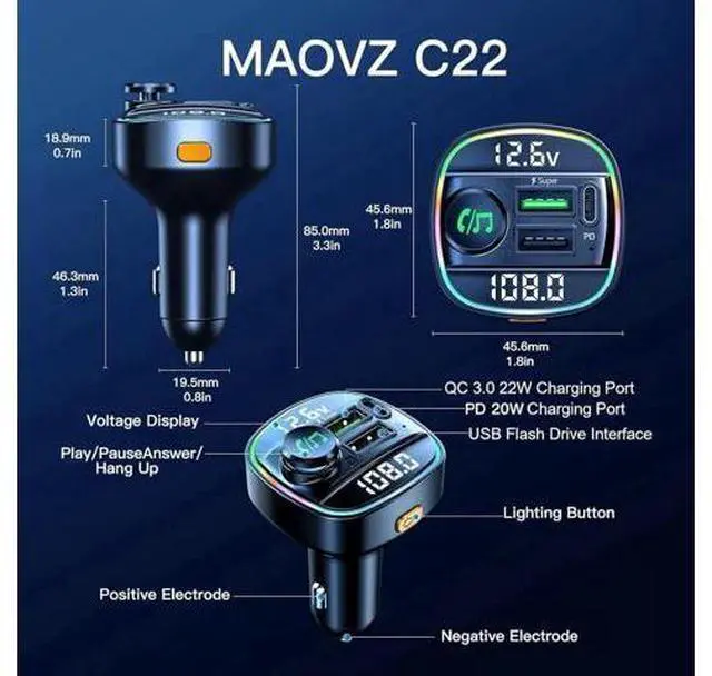 Alt view image 7 of 7 - Bluetooth 5.3 Car Adapter, Wireless Bluetooth FM Transmitter for Car, PD 20W & QC3.0 USB C Car Fast Charger Port, Radio Transmitter Bluetooth for Car, Hands Free Calling, 7 Colors Led Backlit Light