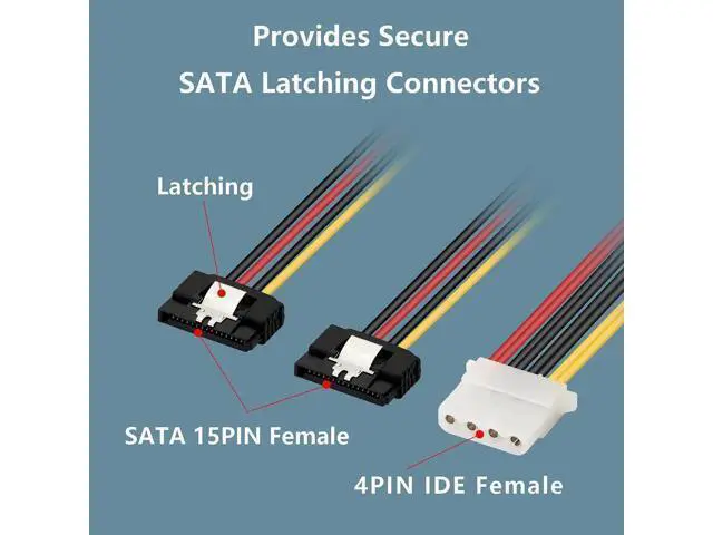 Alt view image 4 of 7 - 8In LP4 to Dual Latching SATA Power Y Cable Splitter, 4-pin IDE Female to 15pin Female Adapter for HHD/SSD/DVD RW/Hard drive-2PCS
