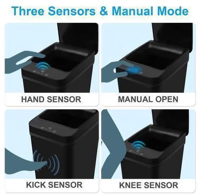 Alt view image 4 of 7 - 2 Pack Bathroom Trash can,Smart Touchless Trash Can,Automatic Motion Sensor Trash Bin with Lid,2.4 Gallon Garbage Can, Kitchen, Bathroom, Office, Bedroom Trash can (Black+Black)