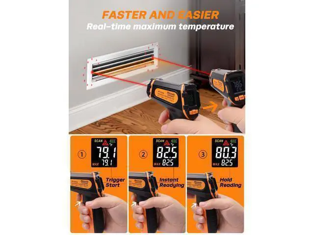Alt view image 3 of 7 - Infrared Thermometer Gun -58°F to 1112°F, Laser Temperature Gun with Adjustable Emissivity, Max/Min/Hold for Cooking, BBQ, Freezer, Industrial Use,with Long Probe Meat Thermometer