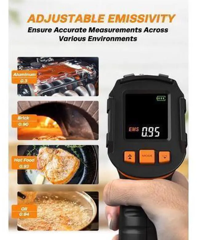 Alt view image 2 of 7 - Infrared Thermometer Gun -58°F to 1112°F, Laser Temperature Gun with Adjustable Emissivity, Max/Min/Hold for Cooking, BBQ, Freezer, Industrial Use,with Long Probe Meat Thermometer