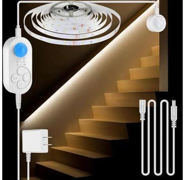 Main image of Dual Motion Sensor Light Indoor - Plug-in Adjustable LED Step Stair Light Strip with Double Sensor Detection Timer & Dimmer for Staircase Hallway Bedroom (16.4FT 3000K Warm White)