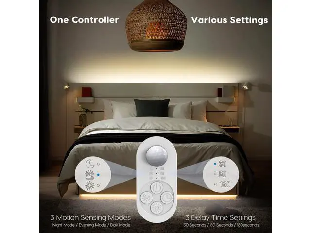 Alt view image 5 of 7 - Dual Motion Sensor Light Indoor - Plug-in Adjustable LED Step Stair Light Strip with Double Sensor Detection Timer & Dimmer for Staircase Hallway Bedroom (16.4FT 3000K Warm White)
