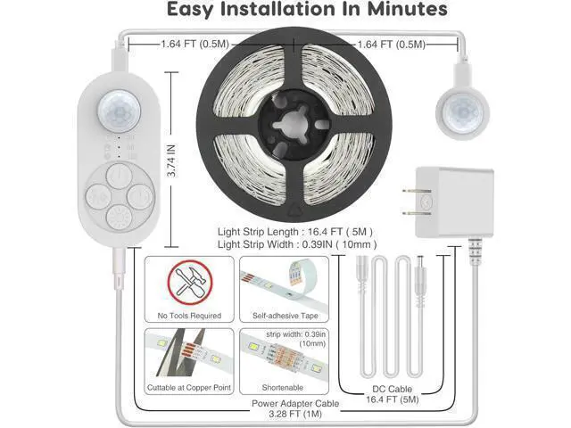 Alt view image 7 of 7 - Dual Motion Sensor Light Indoor - Plug-in Adjustable LED Step Stair Light Strip with Double Sensor Detection Timer & Dimmer for Staircase Hallway Bedroom (16.4FT 3000K Warm White)