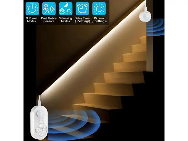 Alt view image 2 of 7 - Dual Motion Sensor Light Indoor - Plug-in Adjustable LED Step Stair Light Strip with Double Sensor Detection Timer & Dimmer for Staircase Hallway Bedroom (16.4FT 3000K Warm White)