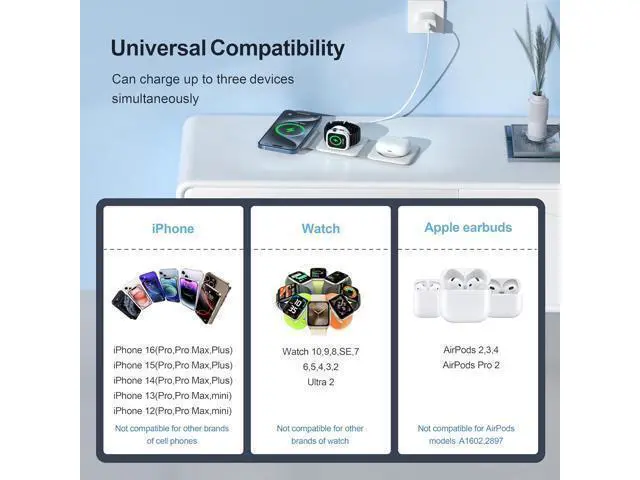 Alt view image 4 of 4 - 3 in 1 Charging Station for Multple Devices Foldable 3 in 1 Wireless Charger for Travel Nano Wireless Charging Station for iPhone16 15 14 13 12 Pro Max/Watch 10 9 8 7 6 5 4 3 Ultra/AirPod Pro