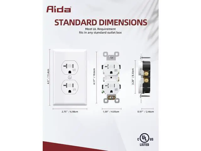 Alt view image 3 of 7 - AIDA 20 Amps Outlets Duplex Electrical Receptacle Outlets,WR&TR, Wall Plate Included,Receptacle Wall Outlet,Residential,TR,3-Wire, Self-Grounding Clip, NEMA 5-20R,UL Listed 10 Pack, White