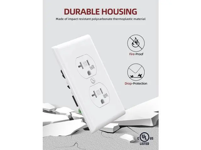 Alt view image 4 of 7 - AIDA 20 Amps Outlets Duplex Electrical Receptacle Outlets,WR&TR, Wall Plate Included,Receptacle Wall Outlet,Residential,TR,3-Wire, Self-Grounding Clip, NEMA 5-20R,UL Listed 10 Pack, White
