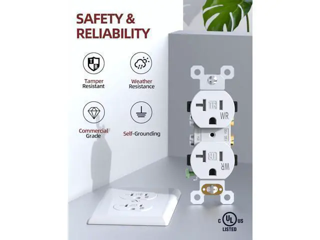Alt view image 2 of 7 - AIDA 20 Amps Outlets Duplex Electrical Receptacle Outlets,WR&TR, Wall Plate Included,Receptacle Wall Outlet,Residential,TR,3-Wire, Self-Grounding Clip, NEMA 5-20R,UL Listed 10 Pack, White