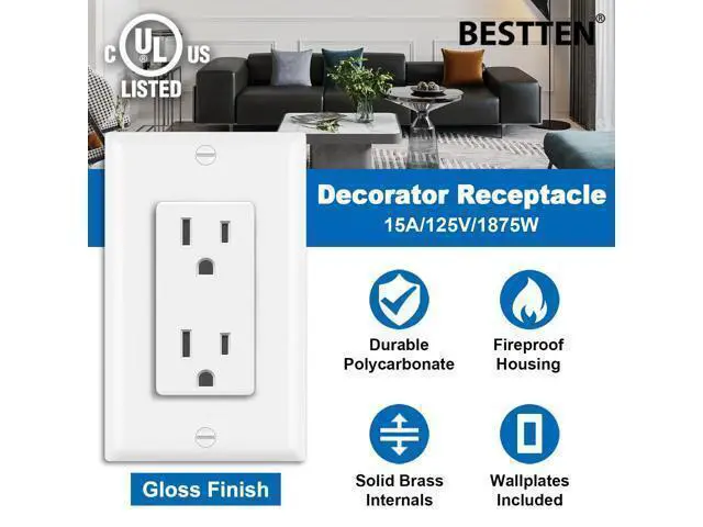 Alt view image 2 of 7 - BESTTEN 20 Pack 15 Amp Decorator Wall Receptacle Outlet, Non-Tamper-Resistant, Wallplate Included, 15A/125V/1875W, UL Listed, White