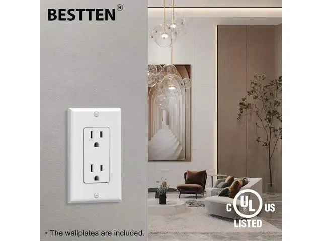 Alt view image 4 of 7 - BESTTEN 20 Pack 15 Amp Decorator Wall Receptacle Outlet, Non-Tamper-Resistant, Wallplate Included, 15A/125V/1875W, UL Listed, White