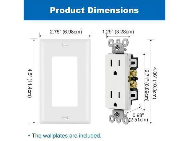 Alt view image 7 of 7 - BESTTEN 20 Pack 15 Amp Decorator Wall Receptacle Outlet, Non-Tamper-Resistant, Wallplate Included, 15A/125V/1875W, UL Listed, White