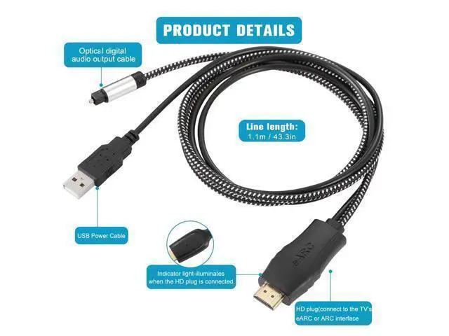Alt view image 6 of 7 - 192KHz HDMI eARC/ARC to Optical Audio Converter for TV to Soundbar Plug & Play 3.7ft/1.15m eARC to Optical Cable Audio Extractor Adapter Splitter for Sound System Home Theater Support Dolby/DTS 5.1