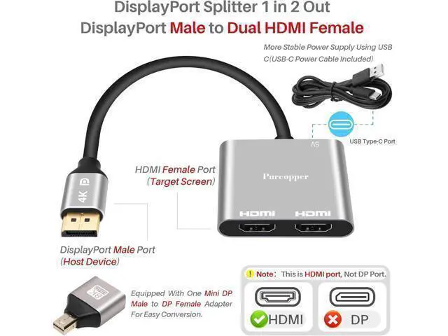Alt view image 2 of 5 - DisplayPort to Dual HDMI Adapter (Dual 4K@60Hz) DP Male to 2 HDMI Female 0.6 Feet Gaming