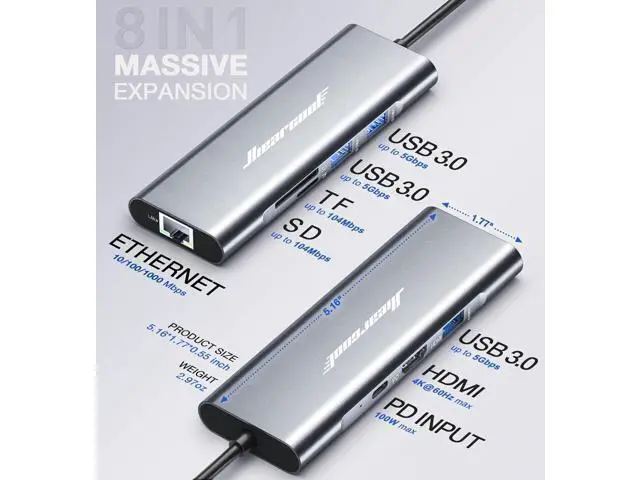 Alt view image 5 of 7 - USB C Hub Ethernet 4K@60 USB-C to HDMI Hub 8in1 Multi-Port USBC Adapter Type C Dock Dongle Compatible for MacBook Pro Air iPad