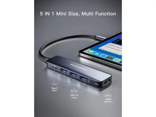Alt view image 2 of 6 - USB C HUB USB-C Multiport Adapter 5 in 1 with 4K HDMI 100W Power Delivery 3 USB 3.0 Data Ports for MacBook Pro/Air iPad Pro/Air/Mini 6 and More