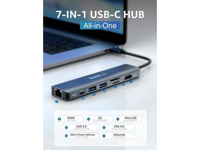 Alt view image 2 of 7 - 7-in-1 USB C Hub with 4K 60Hz HDMI 1Gbps Ethernet 100W Power Delivery SD/TF Card Slots USB 3.0 Data Ports for MacBook iPad Pro XPS