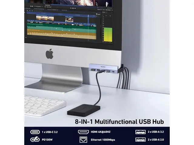 Alt view image 2 of 7 - 8-in-1 USB C Hub with Secure Clamp Features 4K@60Hz HDMI Gigabit Ethernet 100W PD 10Gbps 1x USB-C 2 x USB-A 3.2 2 x USB-A 2.0 Compatible with MacBook iPad Pro iMac S23 XPS17