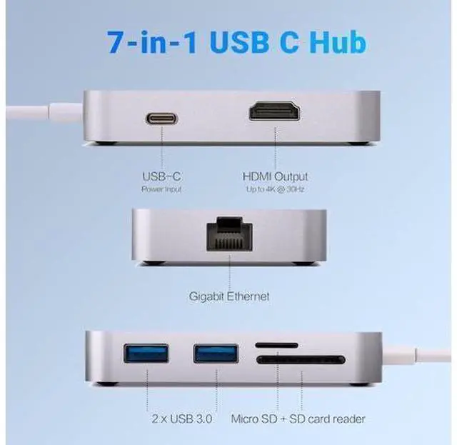 Alt view image 2 of 3 - USB C Adapter 7 in 1 USB C Hub Muliport Adapter 4K HDMI Gigabit Ethernet 2 USB 3.0 100W PD Charging SD/TF Card Reader Compatible with MacBook Pro/Air iPad Air/Pro iMac Laptop PC