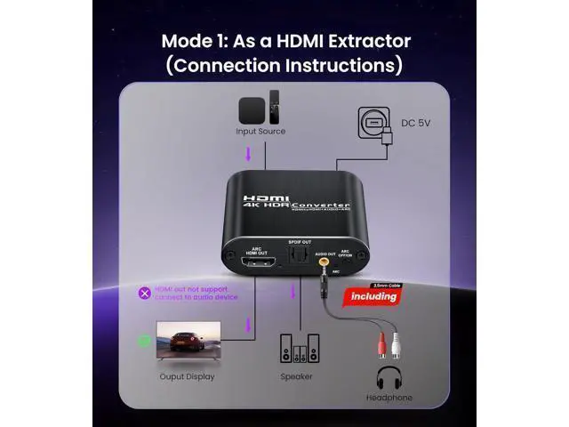 Alt view image 3 of 6 - HDMI ARC Audio Extractor Converter 4K@60Hz HDMI to Optical Toslink SPDIF + 3.5mm AUX Jack Stereo Audio Adapter Converter Splitter Inserter Embedder Support HDCP2.2 Digital PCM DTS 5.1