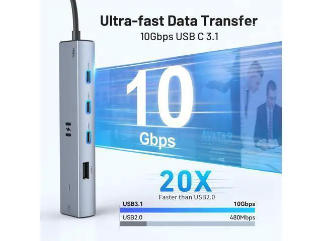 Alt view image 4 of 7 - Selore 10Gbps USB C Hub Multiport Adapter Ethernet Adapter with 4K@60Hz HDMI Gigabit Ethernet 3 USB C Ports 100W PD USBC Dongle for MacBook Pro Air iPad HP etc