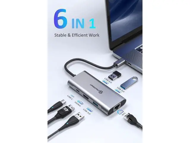 Alt view image 3 of 7 - USB C Hub USB C Ethernet Multiport Adapter 6 In 1 USB C to HDMI Dock Compatible for Macbook Pro/Air Chromebook XPS HP and Type C Devices (Gigabit Ethernet 100W PD 4K HDMI USB 3.0)