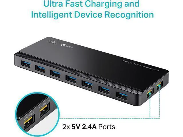 Alt view image 5 of 7 - Powered USB Hub 3.0 with 7 USB 3.0 Data Ports and 2 Smart Charging USB Ports. Compatible with Windows Mac Chrome & Linux OS with Power On/Off Button 12V/4A Power Adapter(UH720)