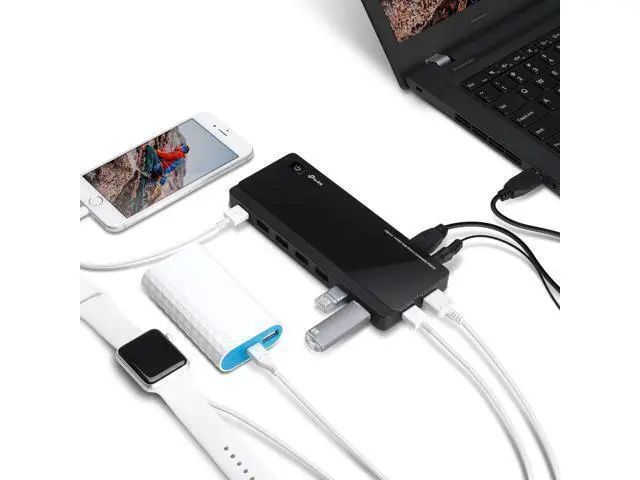 Alt view image 7 of 7 - Powered USB Hub 3.0 with 7 USB 3.0 Data Ports and 2 Smart Charging USB Ports. Compatible with Windows Mac Chrome & Linux OS with Power On/Off Button 12V/4A Power Adapter(UH720)