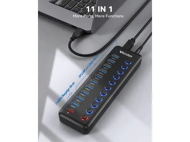 Alt view image 2 of 7 - Powered USB Hub Wenter 11-Port USB Splitter Hub (10 Faster Data Transfer Ports+ 1 Smart Charging Port) with Individual LED On/Off Switches USB Hub 3.0 Powered with Power Adapter for Mac PC