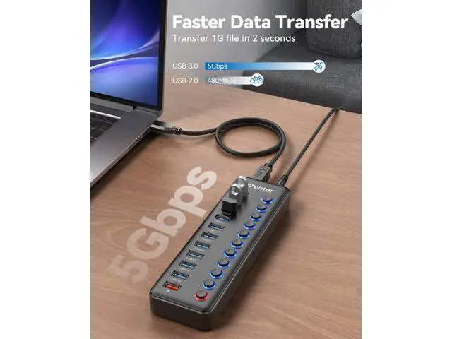 Alt view image 3 of 7 - Powered USB Hub Wenter 11-Port USB Splitter Hub (10 Faster Data Transfer Ports+ 1 Smart Charging Port) with Individual LED On/Off Switches USB Hub 3.0 Powered with Power Adapter for Mac PC