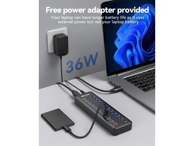 Alt view image 5 of 7 - Powered USB Hub Wenter 11-Port USB Splitter Hub (10 Faster Data Transfer Ports+ 1 Smart Charging Port) with Individual LED On/Off Switches USB Hub 3.0 Powered with Power Adapter for Mac PC