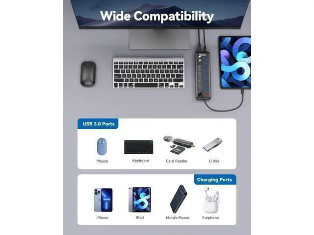Alt view image 7 of 7 - Powered USB Hub Wenter 11-Port USB Splitter Hub (10 Faster Data Transfer Ports+ 1 Smart Charging Port) with Individual LED On/Off Switches USB Hub 3.0 Powered with Power Adapter for Mac PC