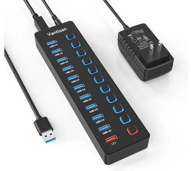 Main image of Powered USB Hub 11-Port USB 3.0 Hub Splitter - 10 USB 3.0 Data Transfer Ports + 1 Smart Charging Port USB Hub 3.0 Powered with Individual LED On/Off Switches and 5V/4A Power Adapter
