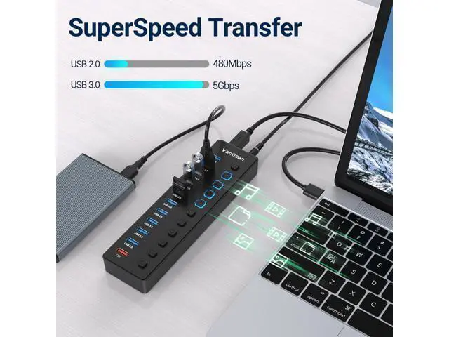 Alt view image 2 of 7 - Powered USB Hub 11-Port USB 3.0 Hub Splitter - 10 USB 3.0 Data Transfer Ports + 1 Smart Charging Port USB Hub 3.0 Powered with Individual LED On/Off Switches and 5V/4A Power Adapter