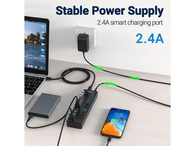 Alt view image 5 of 7 - Powered USB Hub 11-Port USB 3.0 Hub Splitter - 10 USB 3.0 Data Transfer Ports + 1 Smart Charging Port USB Hub 3.0 Powered with Individual LED On/Off Switches and 5V/4A Power Adapter