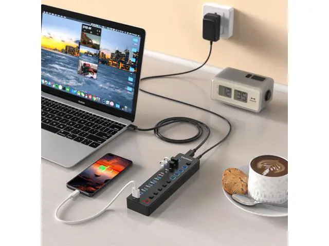 Alt view image 7 of 7 - Powered USB Hub 11-Port USB 3.0 Hub Splitter - 10 USB 3.0 Data Transfer Ports + 1 Smart Charging Port USB Hub 3.0 Powered with Individual LED On/Off Switches and 5V/4A Power Adapter