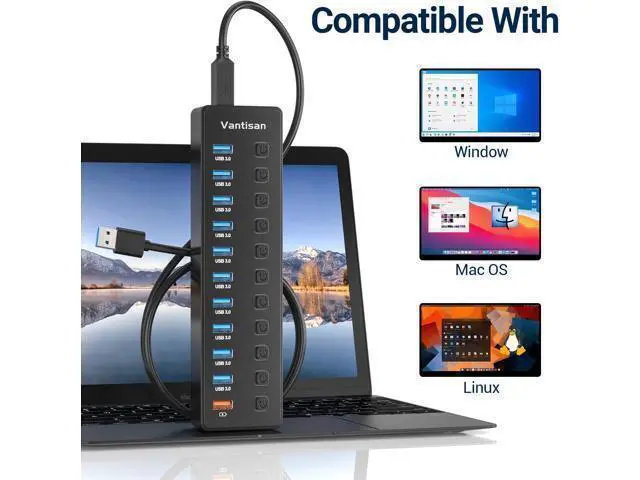 Alt view image 6 of 7 - Powered USB Hub 11-Port USB 3.0 Hub Splitter - 10 USB 3.0 Data Transfer Ports + 1 Smart Charging Port USB Hub 3.0 Powered with Individual LED On/Off Switches and 5V/4A Power Adapter
