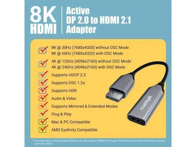 Alt view image 3 of 6 - DisplayPort 2.0 Male to HDMI 2.1 Female Active Adapter 8K 60Hz 4K UHD 120Hz High Refresh 10 bit Color HDR and Eyefinity Support *HDMI Cable Required (DP 2.0 to HDMI 2.1)