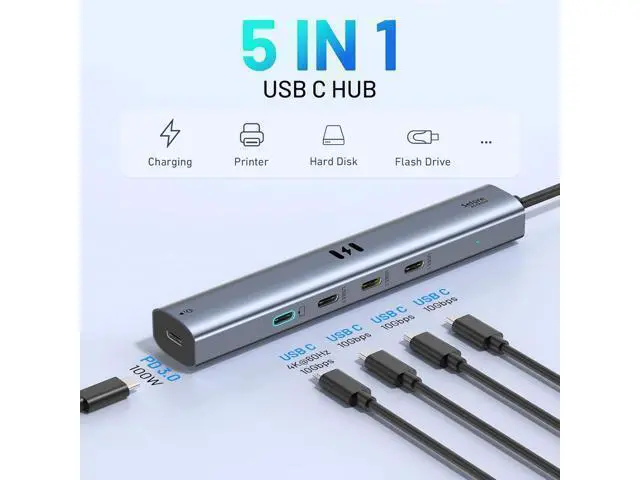 Alt view image 2 of 7 - 10Gbps USB C Hub with 4K@60Hz Video Display Selore 5 Ports USB C Splitter C Port Data Transfer 100W PD-in Charging Dongle Multiport Adapter for MacBook Pro iPad HP and More