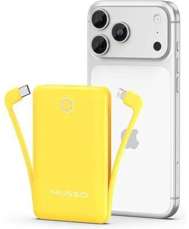 Main image of 10000mAh Mini Portable Charger with Built in Cable Pocket Size Power Bank Travel External Battery Pack for Phone 3 Output USB Type C Cord Clutch Compatible with iPhone Yellow