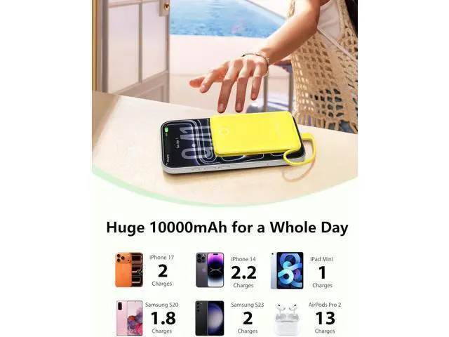 Alt view image 3 of 7 - 10000mAh Mini Portable Charger with Built in Cable Pocket Size Power Bank Travel External Battery Pack for Phone 3 Output USB Type C Cord Clutch Compatible with iPhone Yellow