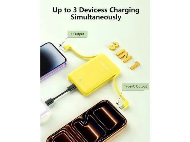 Alt view image 4 of 7 - 10000mAh Mini Portable Charger with Built in Cable Pocket Size Power Bank Travel External Battery Pack for Phone 3 Output USB Type C Cord Clutch Compatible with iPhone Yellow