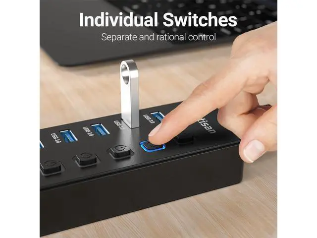 Alt view image 3 of 7 - Powered USB Hub 11-Port USB 3.0 Hub Splitter - 10 USB 3.0 Data Transfer Ports + 1 Smart Charging Port USB Hub 3.0 Powered with Individual LED On/Off Switches and 5V/4A Power Adapter
