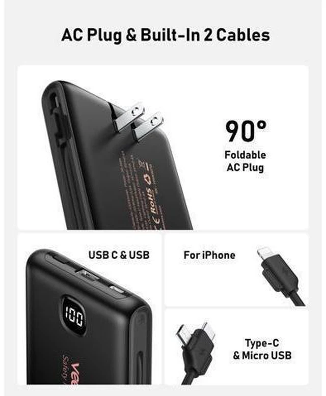 Alt view image 2 of 7 - Portable Charger Power Bank Built in Cables and Wall Plug, 10000mAh iPhone Battery Pack Fast Charging, USB C External Slim Power Bank, Travel Essentials Compatible with iPhone 17 16 15 14 iPad, Black