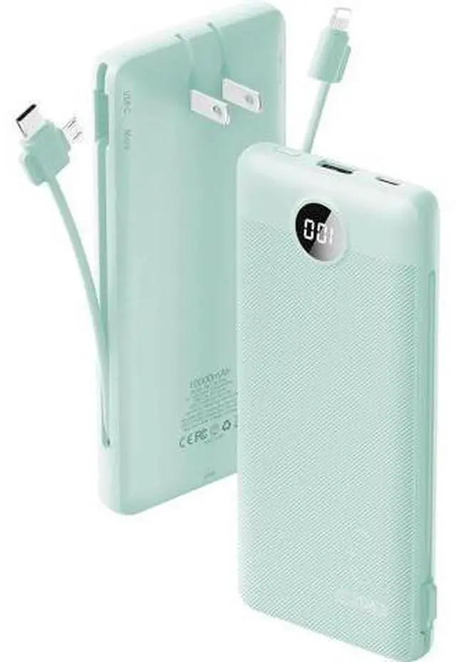 Main image of VRURC Portable Charger Built-in Cables and AC Wall Plug, USB C Power Bank 10000mAh, Travel Battery Portable Phone Charger Compact Lightweight External Battery Pack for Smart Phones, Tablets etc-Green