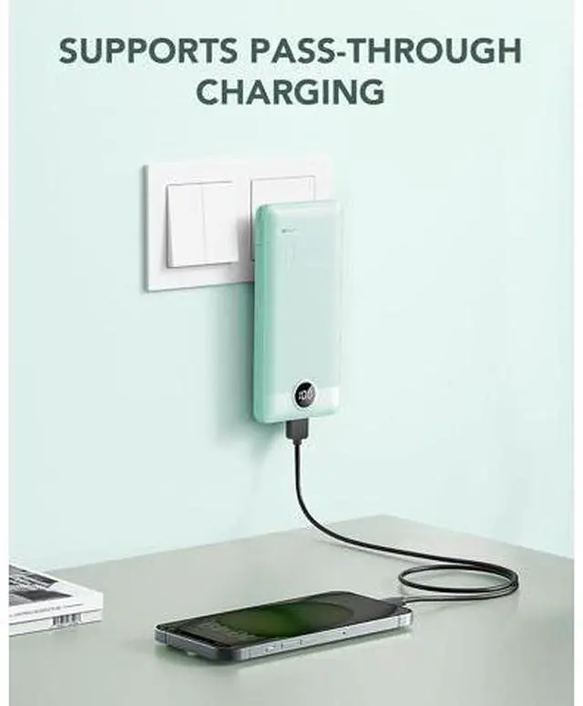 Alt view image 2 of 7 - VRURC Portable Charger Built-in Cables and AC Wall Plug, USB C Power Bank 10000mAh, Travel Battery Portable Phone Charger Compact Lightweight External Battery Pack for Smart Phones, Tablets etc-Green